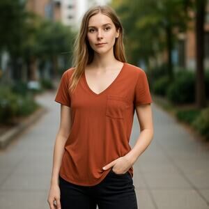 Cable & Cage Top Cap Sleeves SZ XL V Neck Rust Brown Casual Comfort Preppy